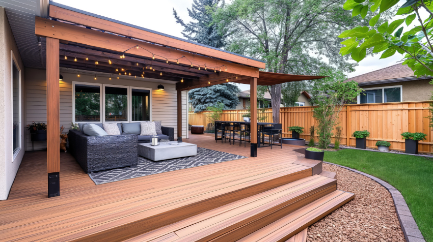 A neatly staged outdoor deck renovation with fresh staining and modern outdoor furniture under a newly installed pergola.