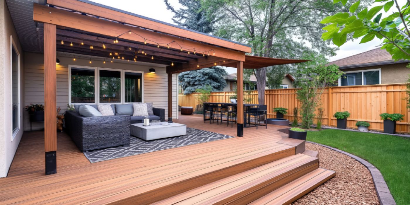 A neatly staged outdoor deck renovation with fresh staining and modern outdoor furniture under a newly installed pergola.